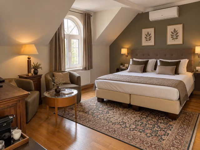 Hotel room with arched window and double bed