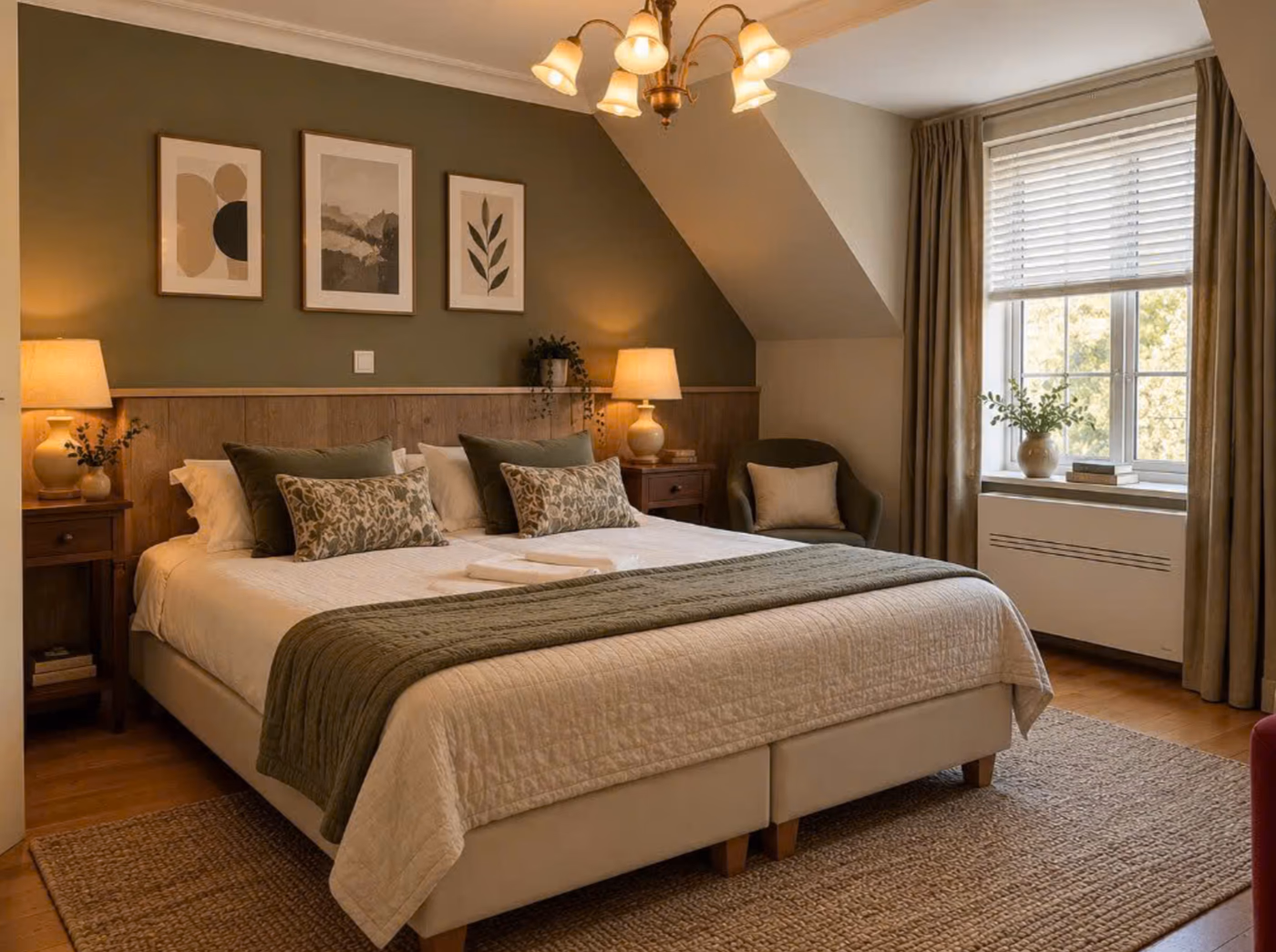 Hotelkamer met tweepersoonsbed en warme verlichting