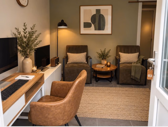 Sitting area with desk and two armchairs