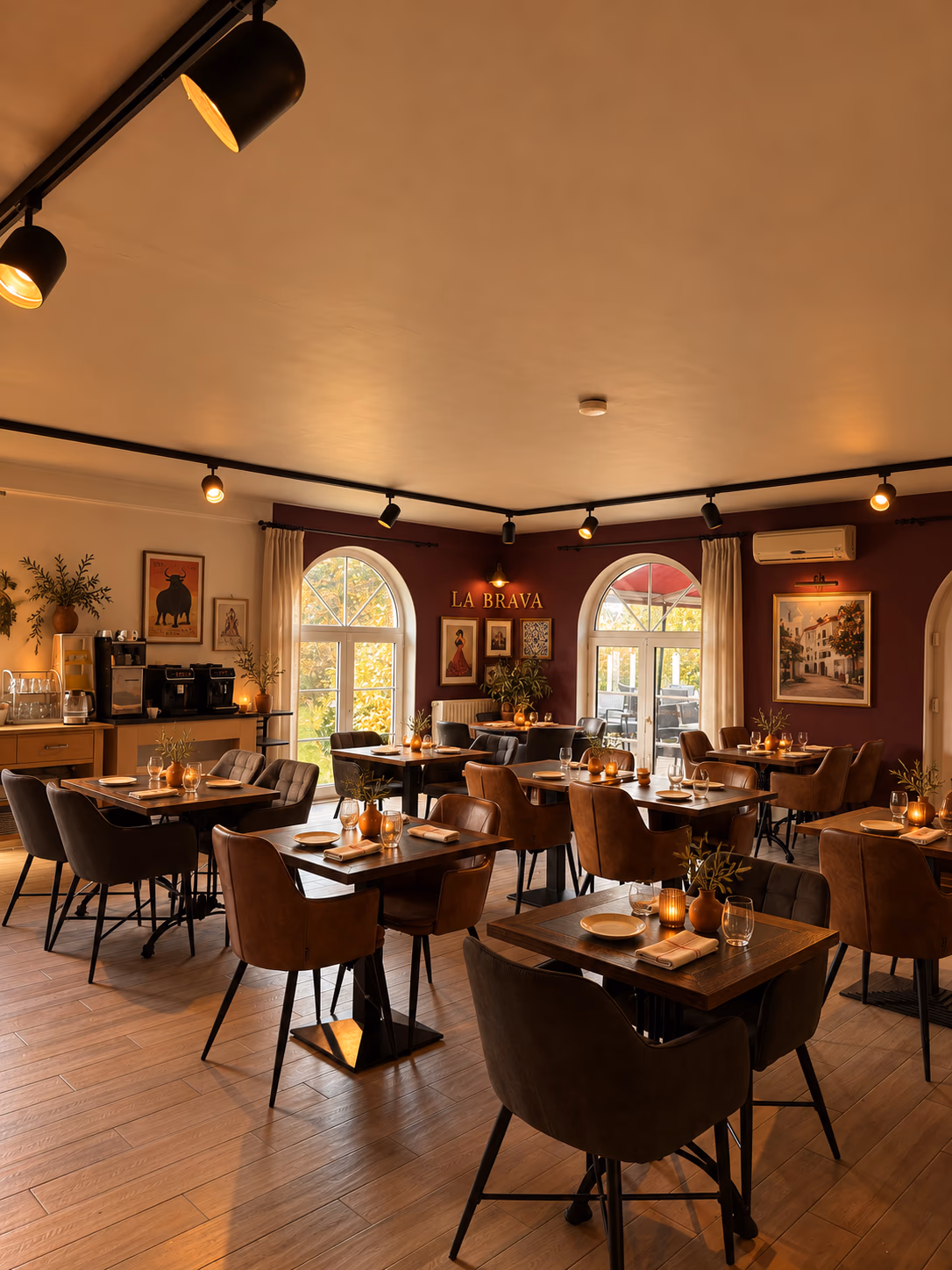 The interior of restaurant LA BRAVA with burgundy accents